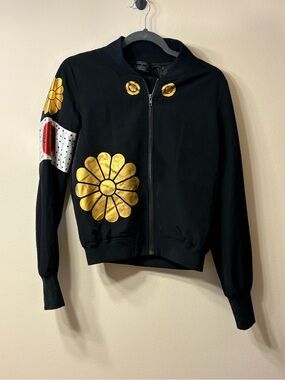 Black Jacket with Gold Floral Detail - Women's Zip Front